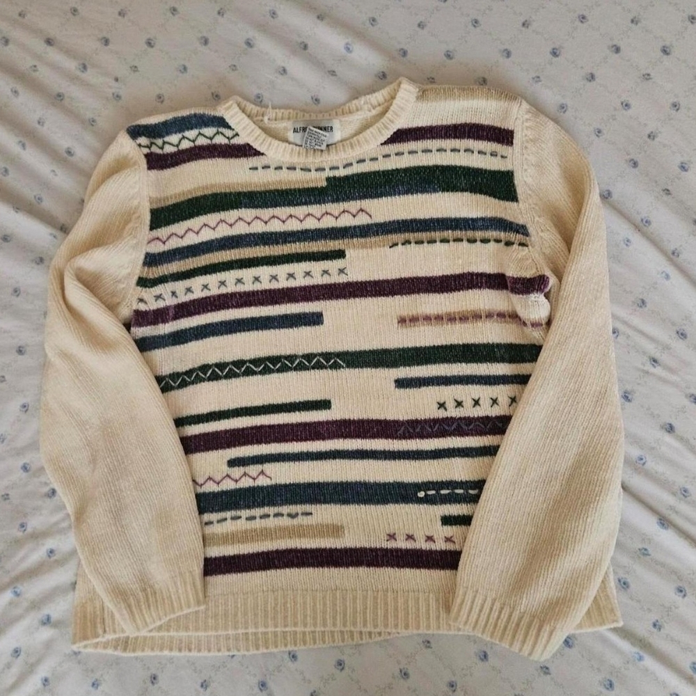 Alfred Dunner Cream Sweater with Green and Purple Accents